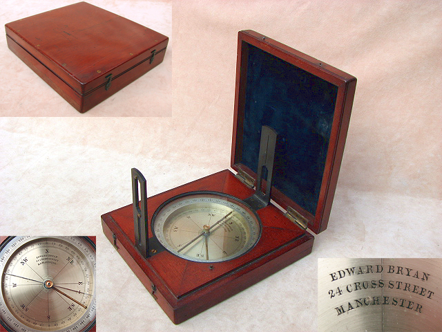 Mahogany cased surveyors compass by Edward Bryan Manchester